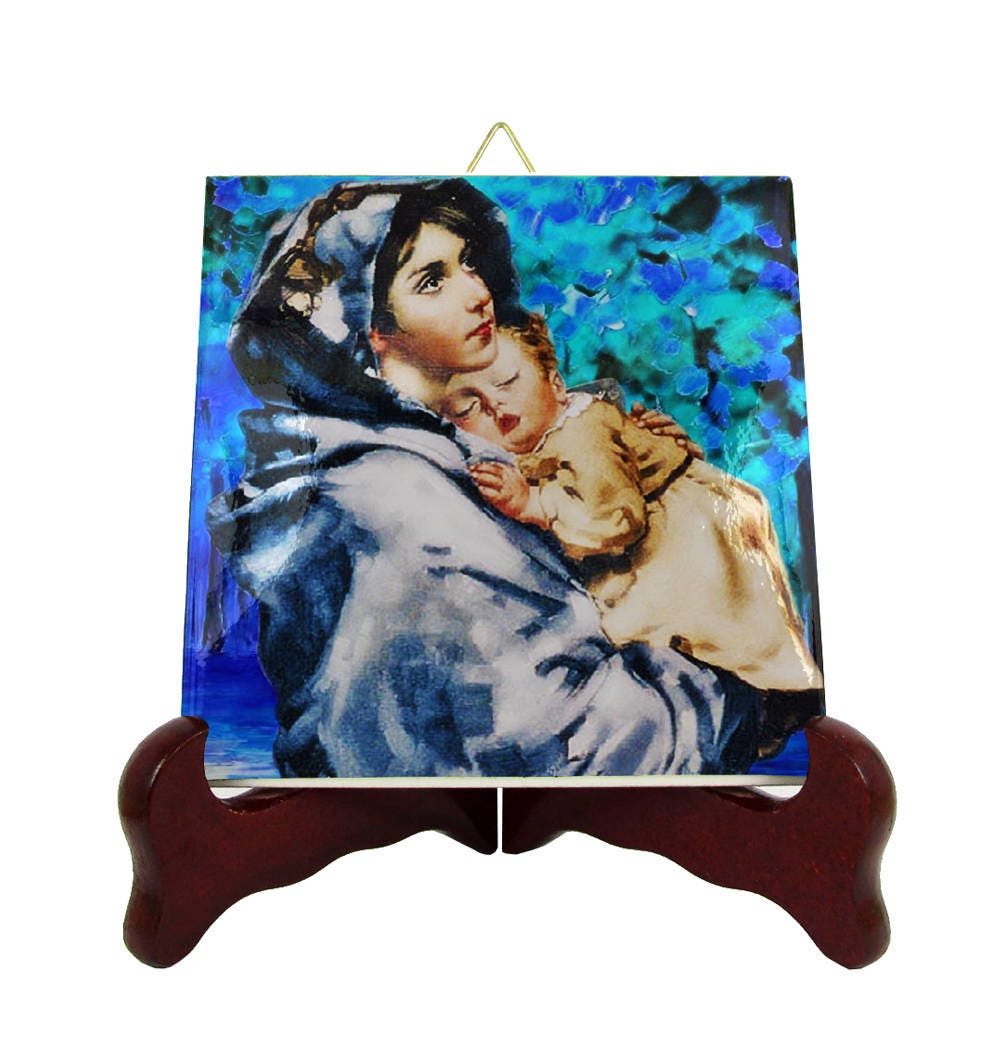 Holy Mary - Madonna Of The Streets Mother Icon On Tile & Child Virgin Art Catholic Gifts Gift Idea