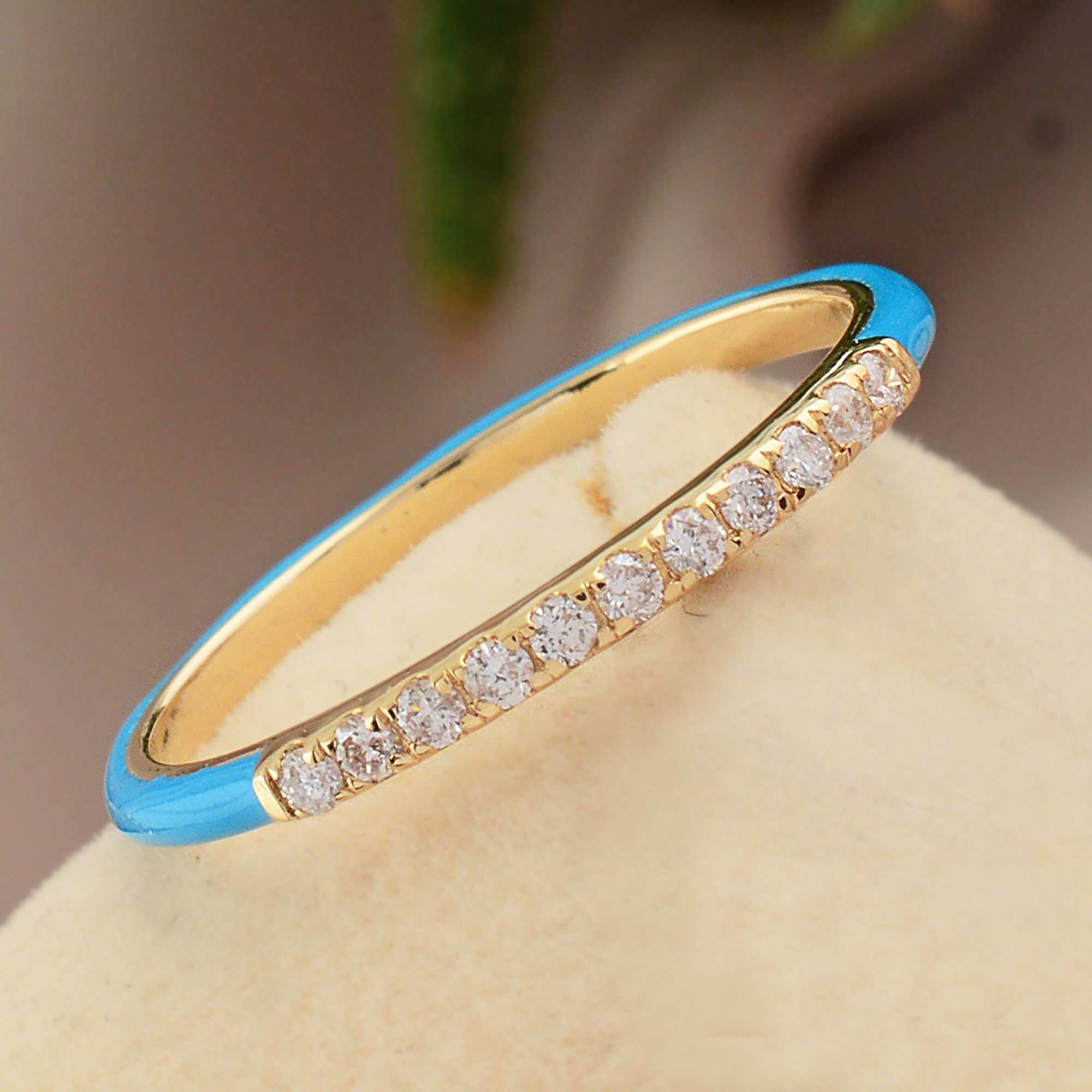 Turquoise Enamel Ring, Minimal 14K Solid Gold Dainty Diamond Simple Small Stacked Ring