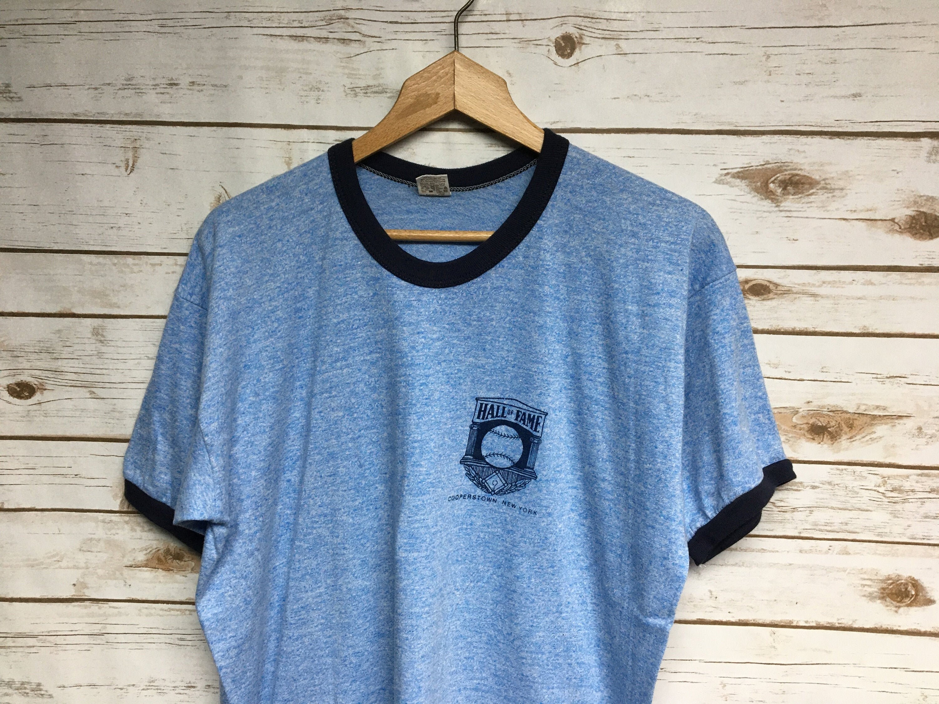 Vintage 70's Russell Tri Blend With Rayon Ringer Tshirt Baseball Hall Of Fame Cooperstown New York Blue Tee That Show - Large