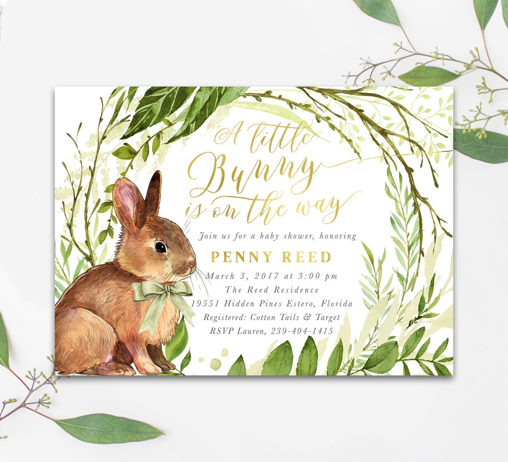 Bunny Baby Shower Invitation, A Little Is On The Way Invite, Girl/Boy Invitation - Green Penny