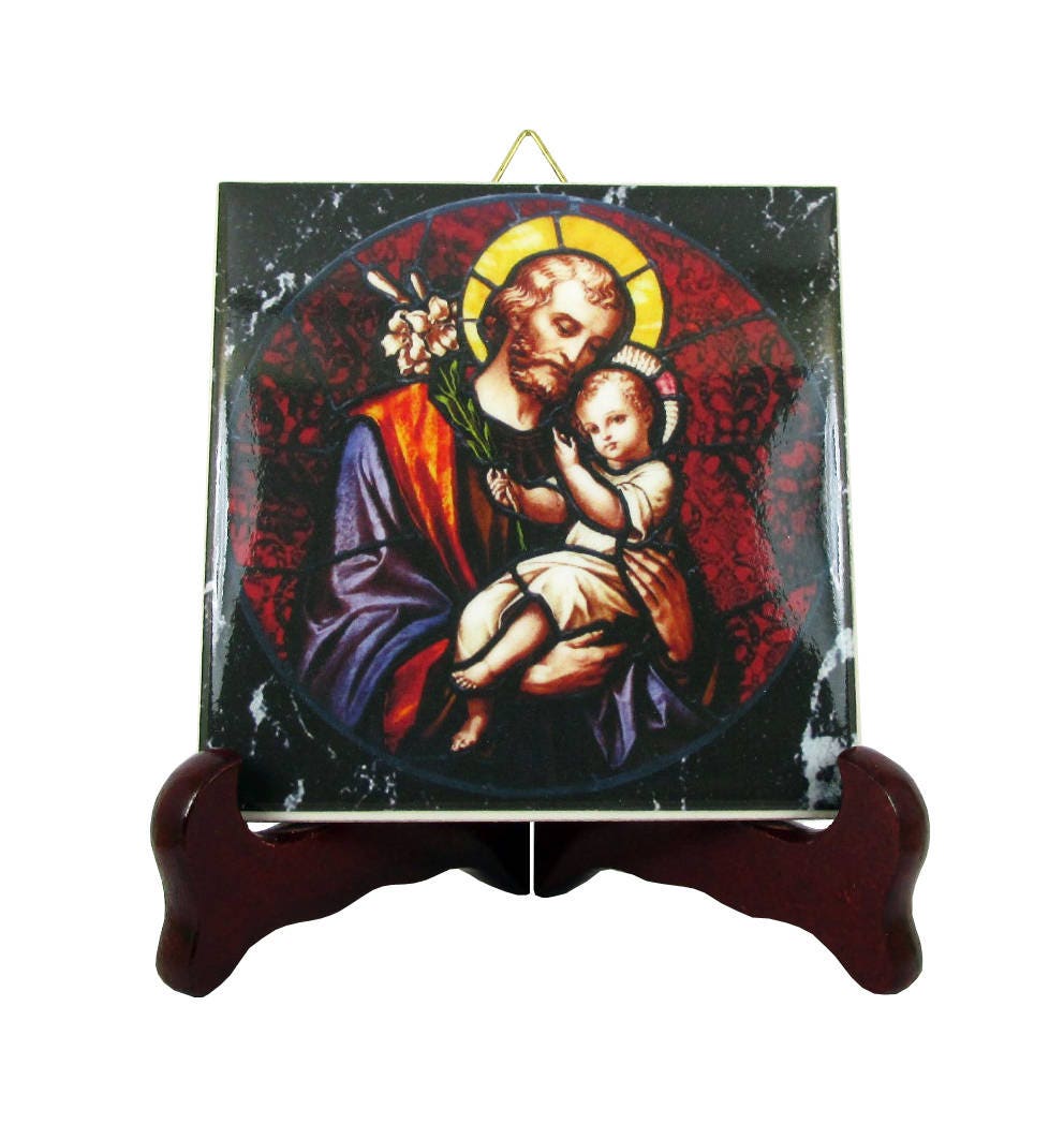 Saint Joseph With Child Jesus - St Icon On Ceramic Tile Plaque Art Print
