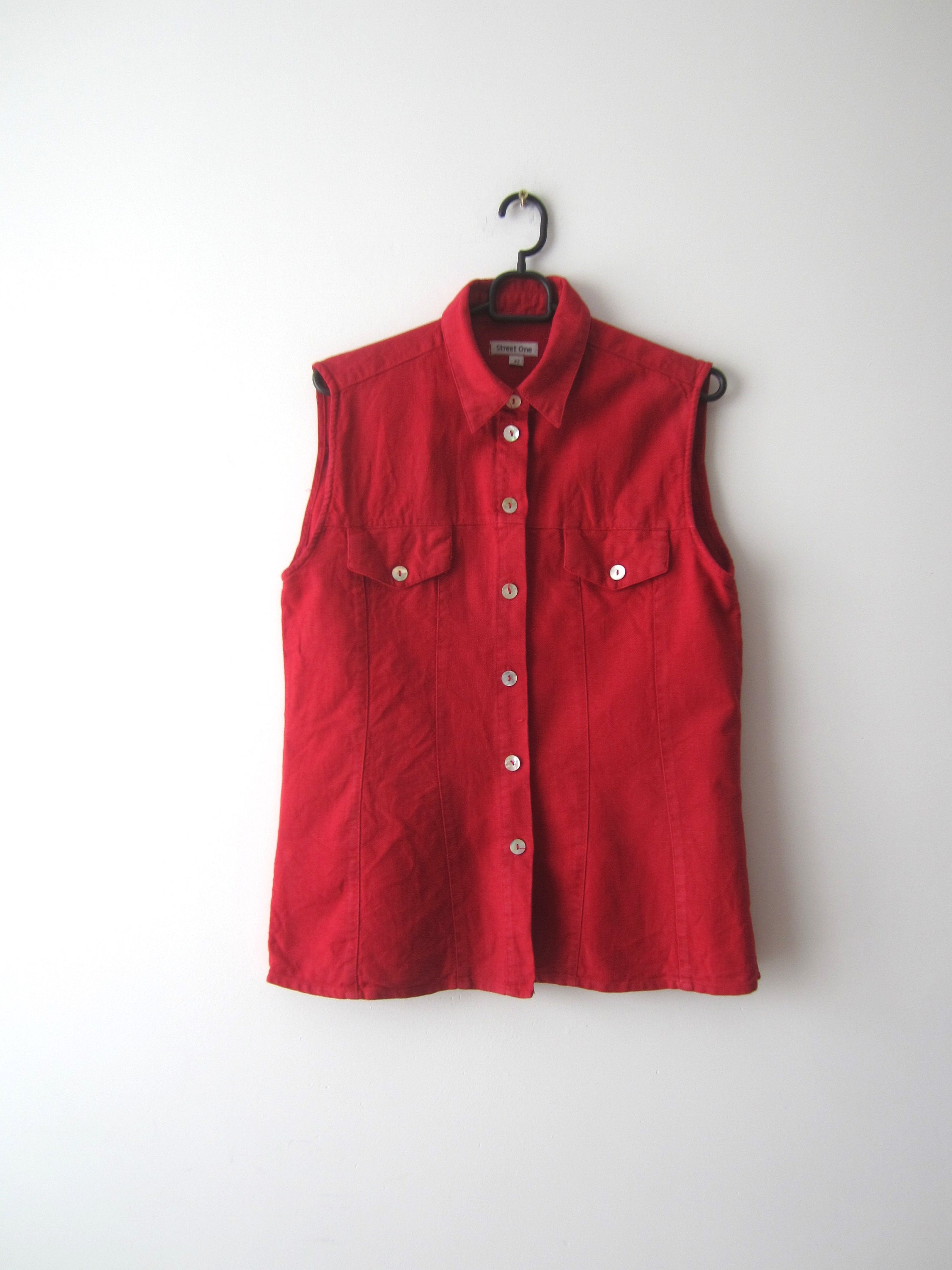 Vintage Red Linen Blend Cotton Vest Women's Shirt Comfortable Ranch Waistcoat Size Large