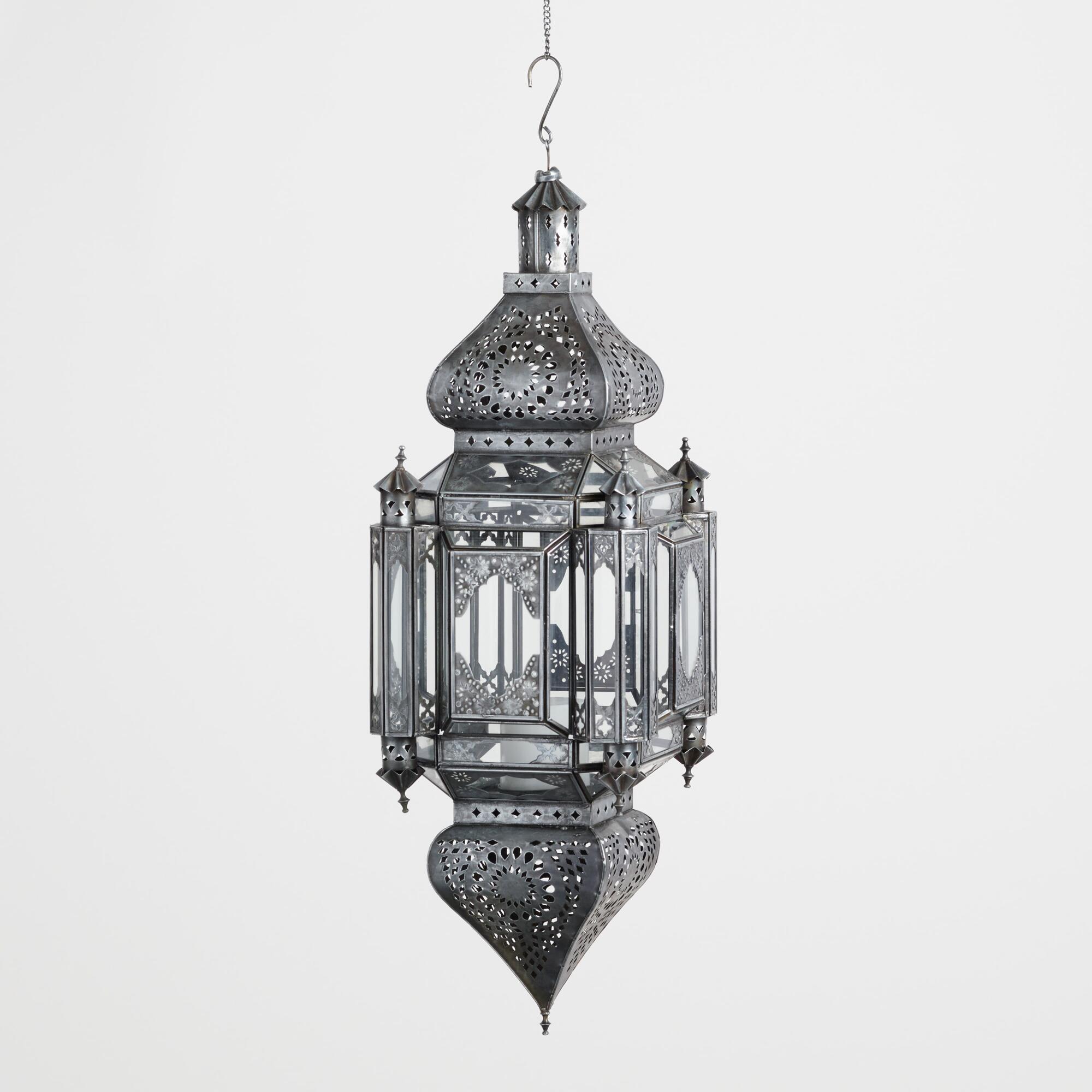 Extra Large Antiqued Zinc North African Hanging Lantern - Glass by World Market