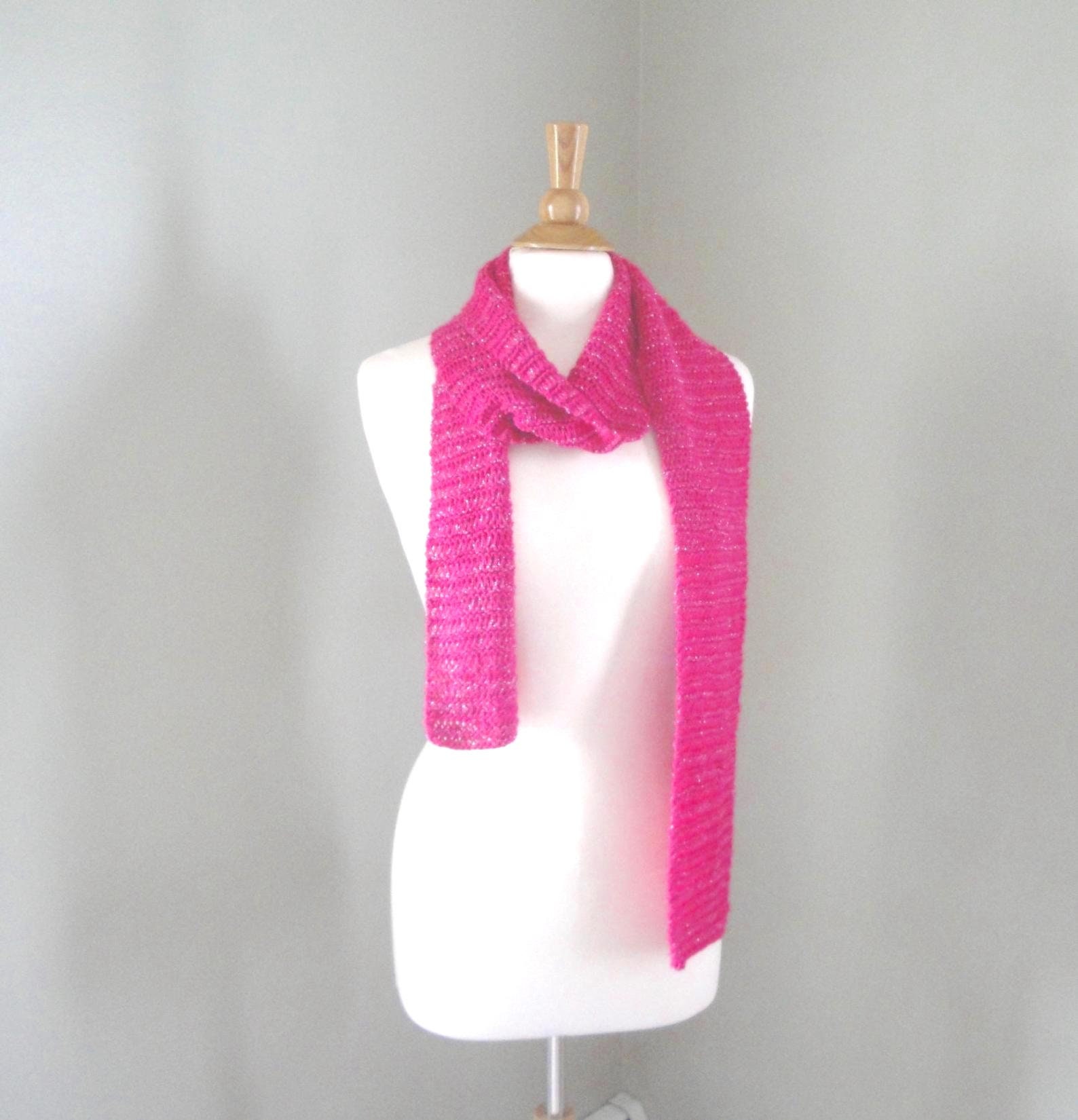 Fuchsia Pink Glitter Scarf, Cotton Blend, Hand Knit, Long Wrap Lacy Stitch, Women Teen Girls, Fashion Gift