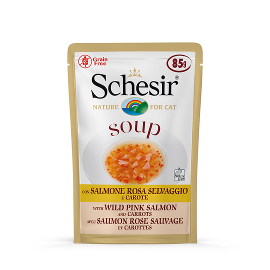 Osta Schesir Cat Soup 12 x 85 g - villi kyttyrälohi & porkkana netistä