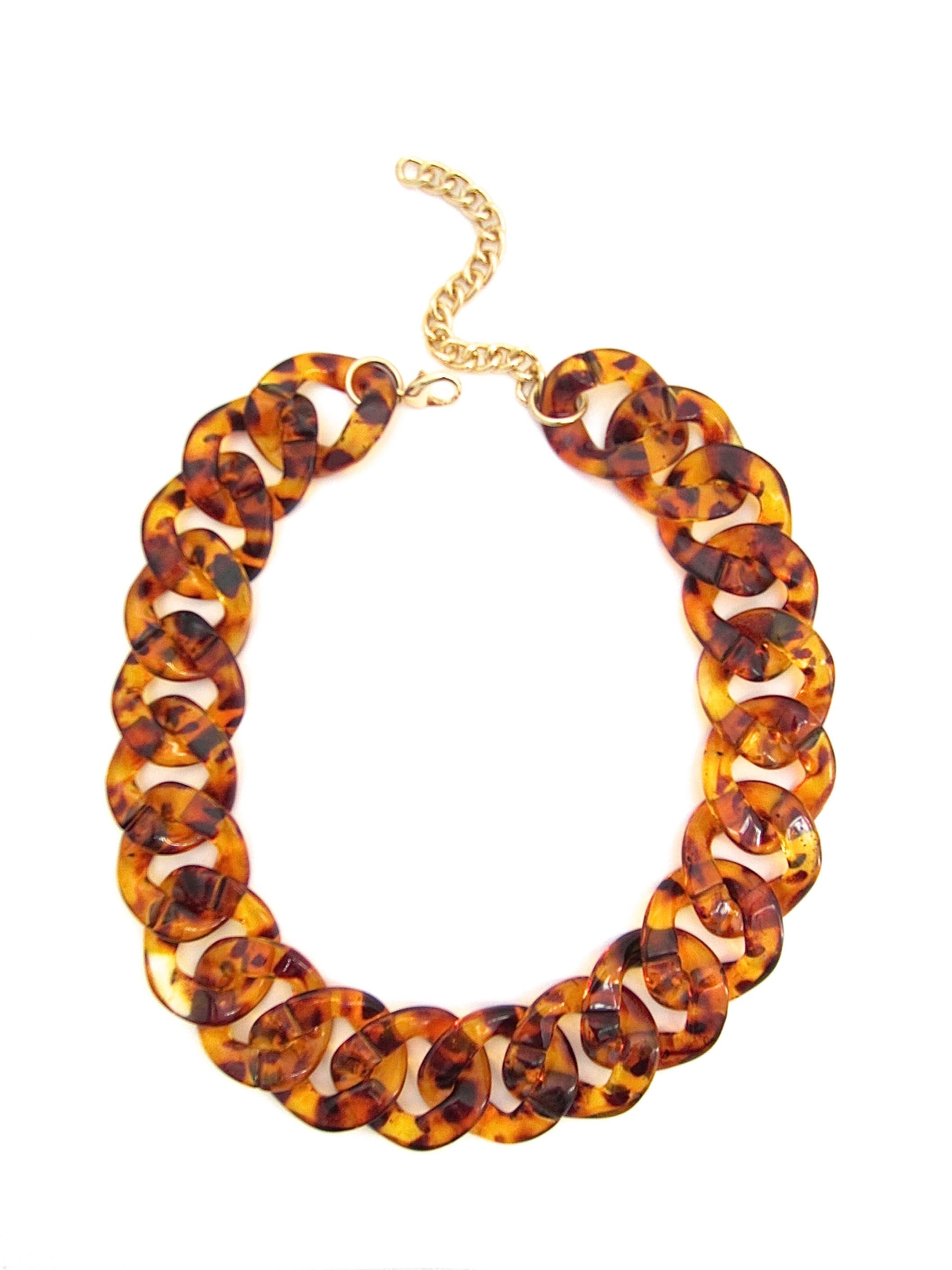 Tortoiseshell Statement Necklace, Chunky Tortoise Shell Resin Acrylic Link Chain, Leopard Print Jewelry
