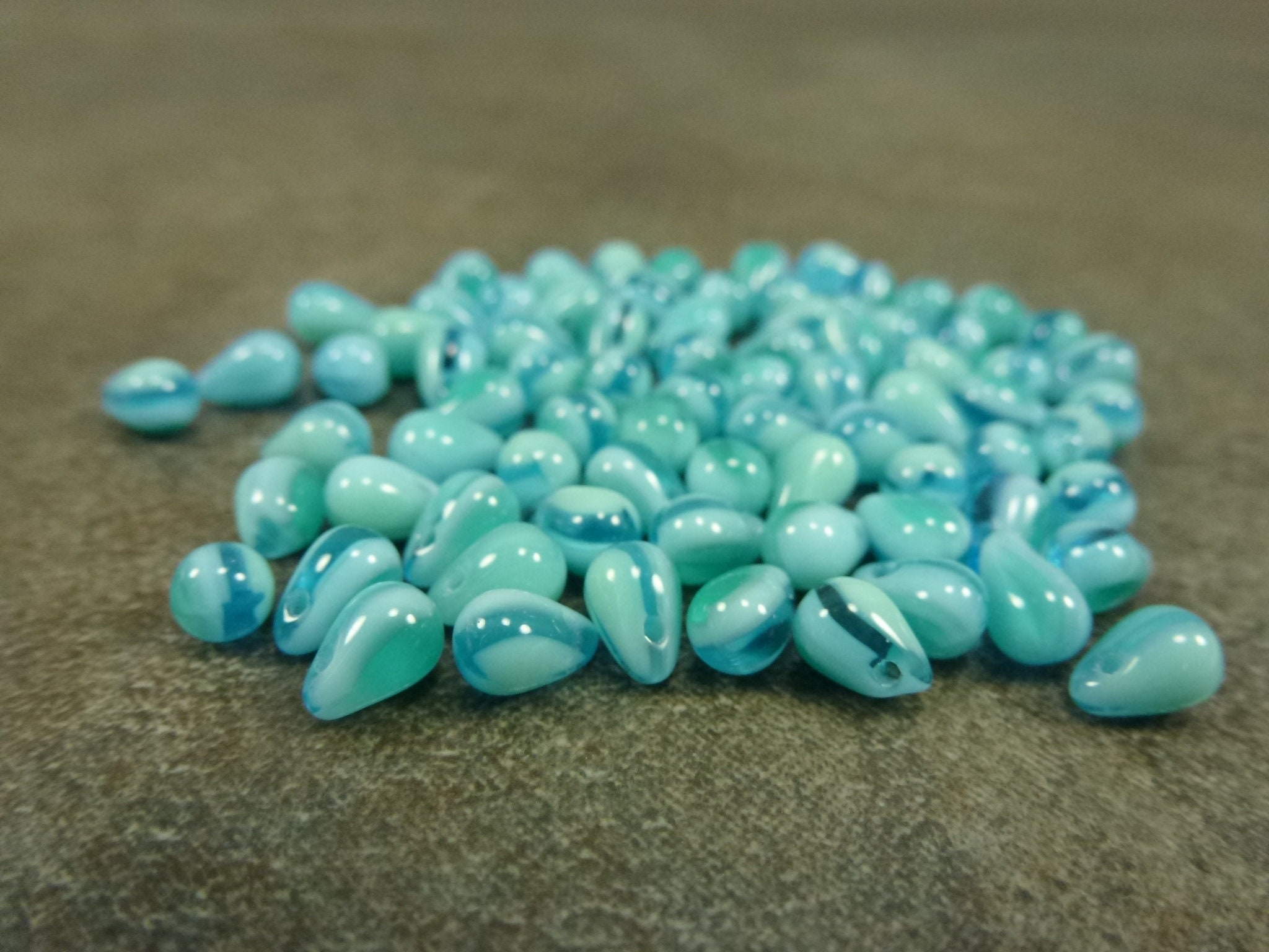 Aqua Ocean Blend Czech Glass Teardrop Beads 6x4mm 50Pc Side Drilled Briolette Smooth