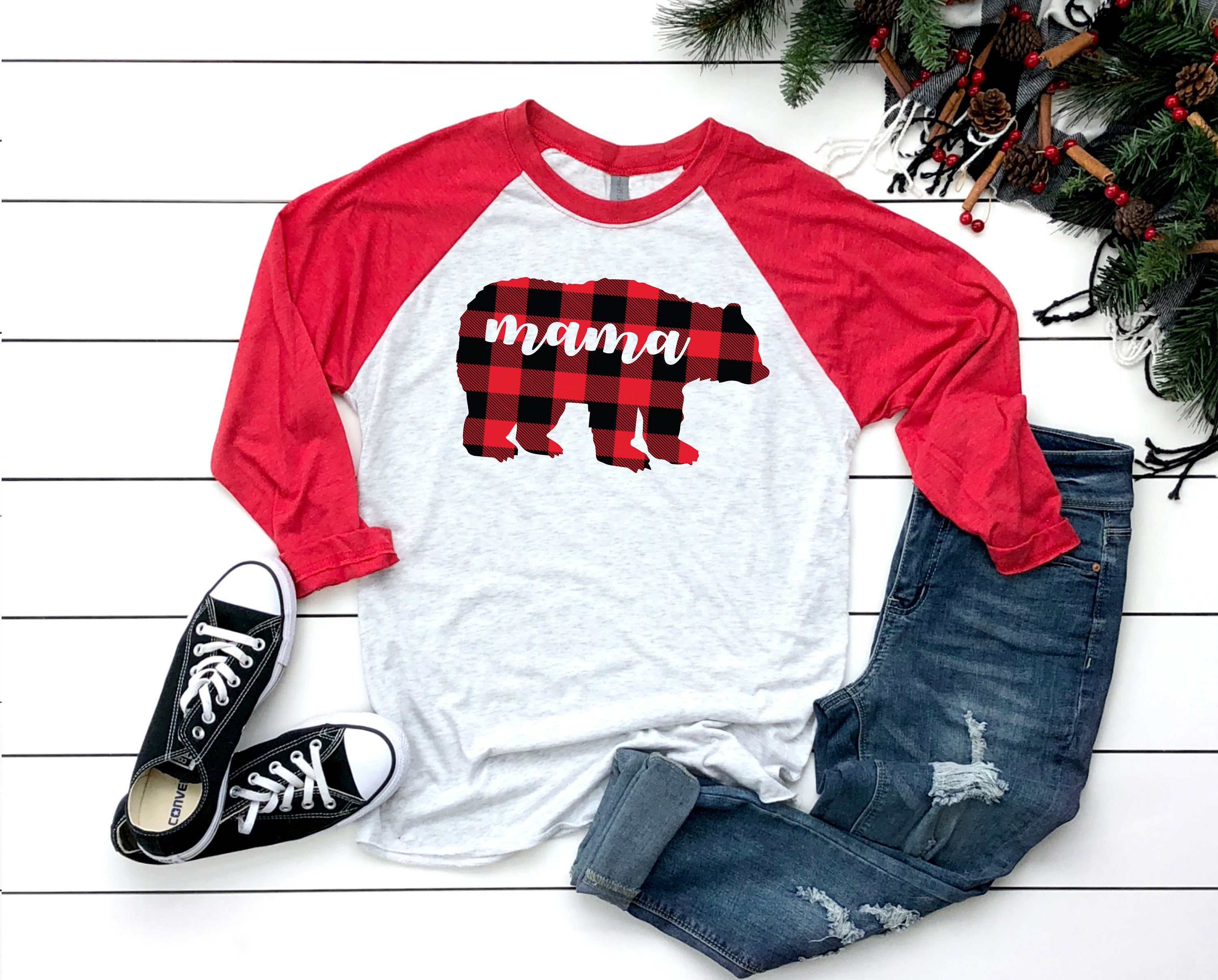 Buffalo Print Baseball Style Mama Bear Plaid 3/4 Sleeve Womens Christmas Shirt Holiday Mom Life