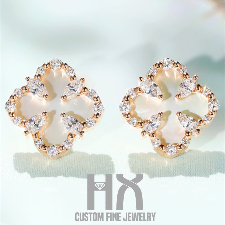 Diamond & Mother Of Pearl Clover Earrings in 18K Gold/Custom Fine Jewelry/Personalization Design/Gift For Women Girls