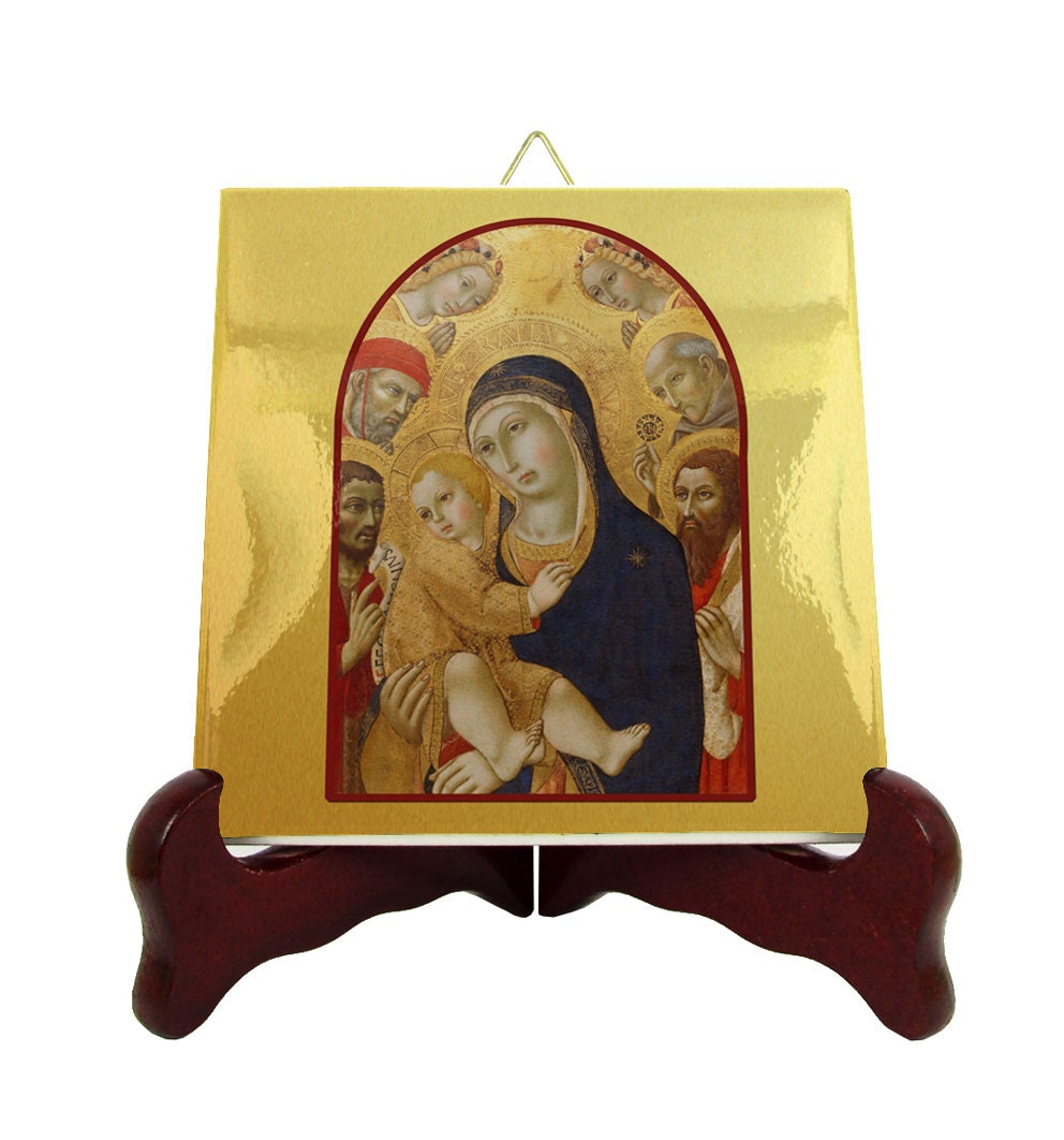 Christian Catholic Icon On Tile - Madonna & Child With Saints Jerome, John The Baptist, Bernardino Bartholomew Religious Icons