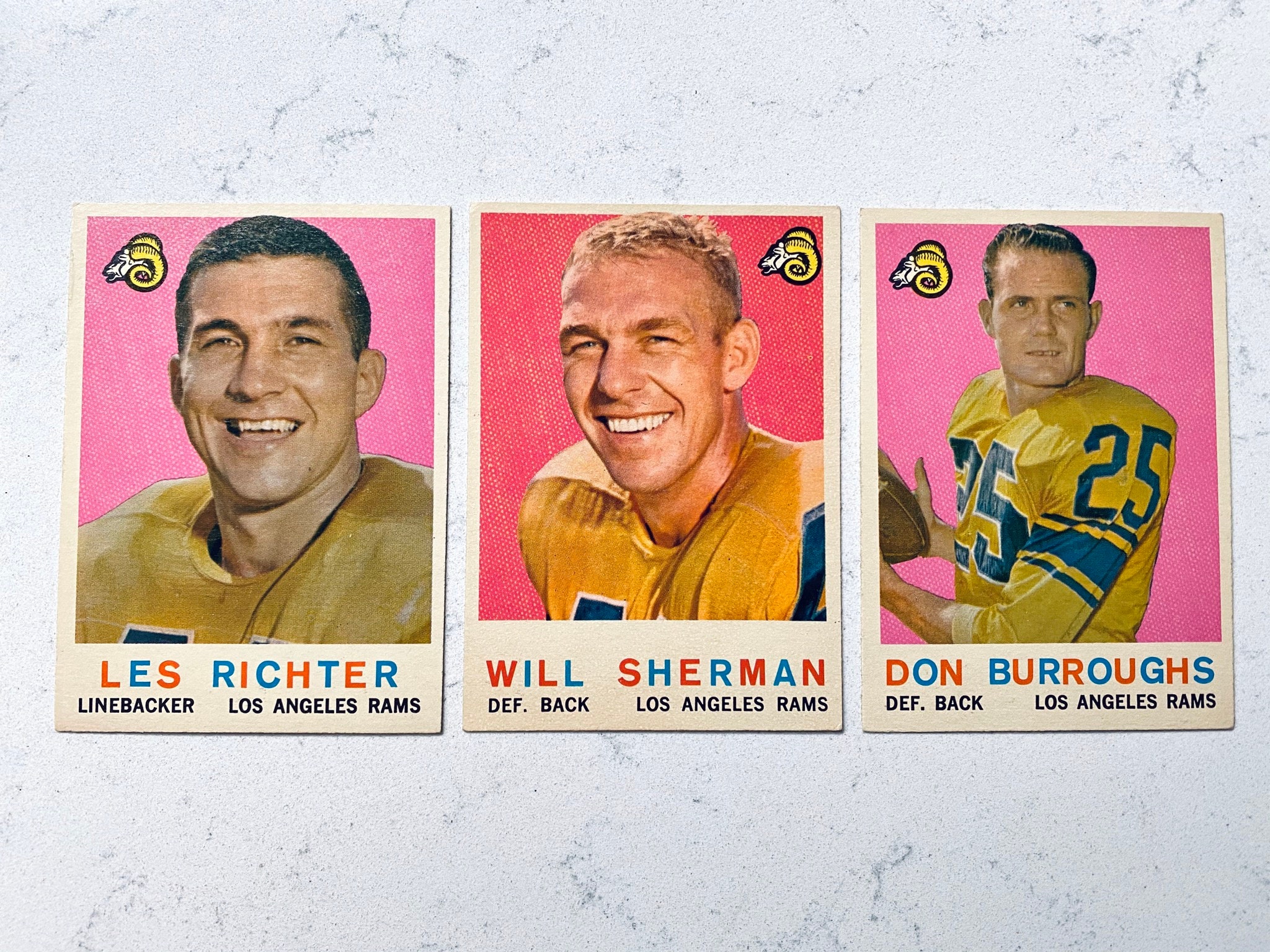 1959 Topps Lot | 3 Los Angeles Rams Football Cards, Hof Les Richter, Will Sherman, Don Burroughs