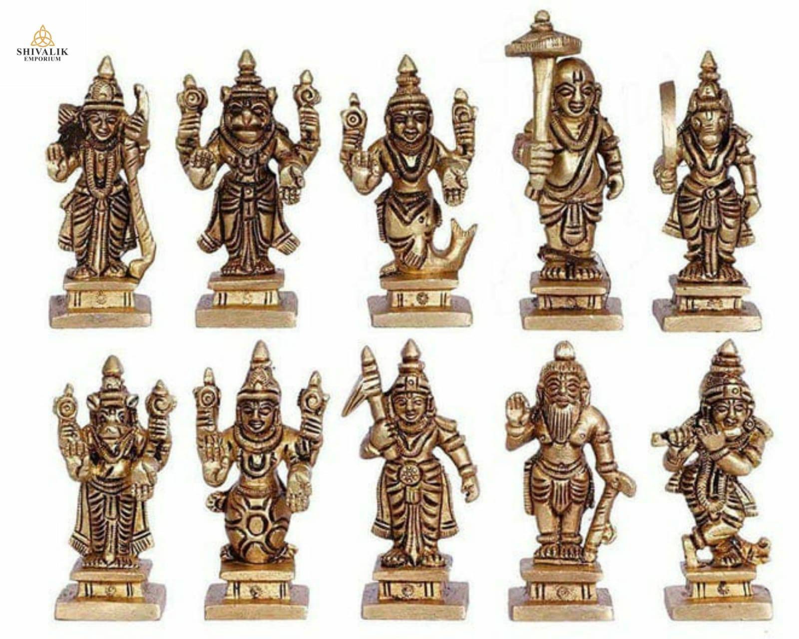 Vishnu Dashavatar Set, Brass Handmade Set Of Ten Incarnations Lord Vishnu, Home Decor Idols, Hindu God Statue, 2.25 Inch & 6