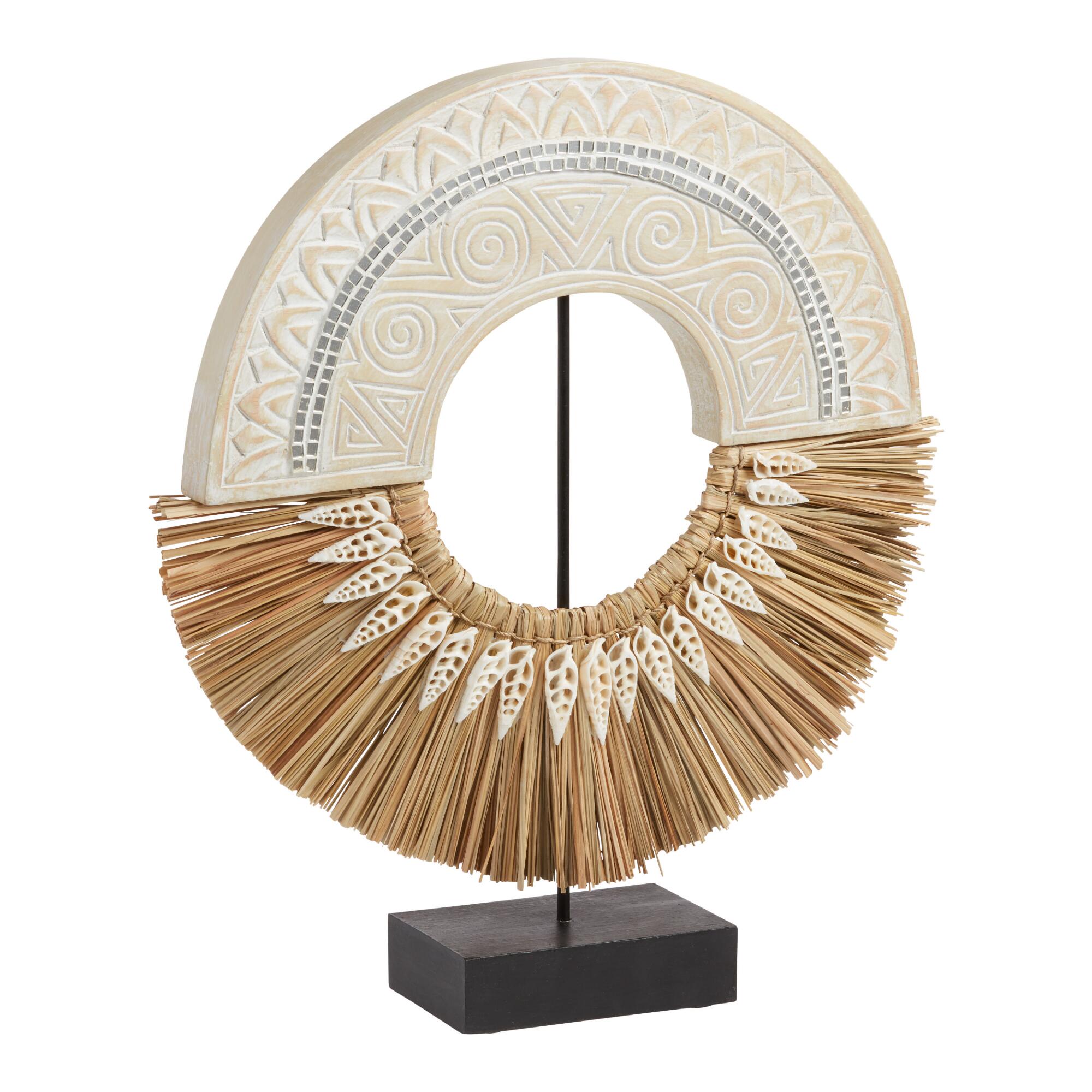 Carved Wood and Grass Ring Decor on Stand: White/Natural by World Market