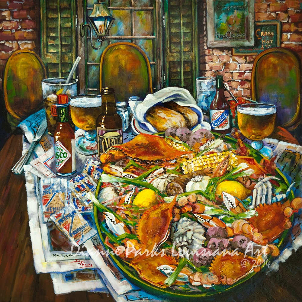 Crabs, Boiled Crabs, New Orleans Seafood, Tabasco Hot Sauce, Crystal Sauce, Abita Beer, Louisiana Seafood Restaurant Art, Free Shipping