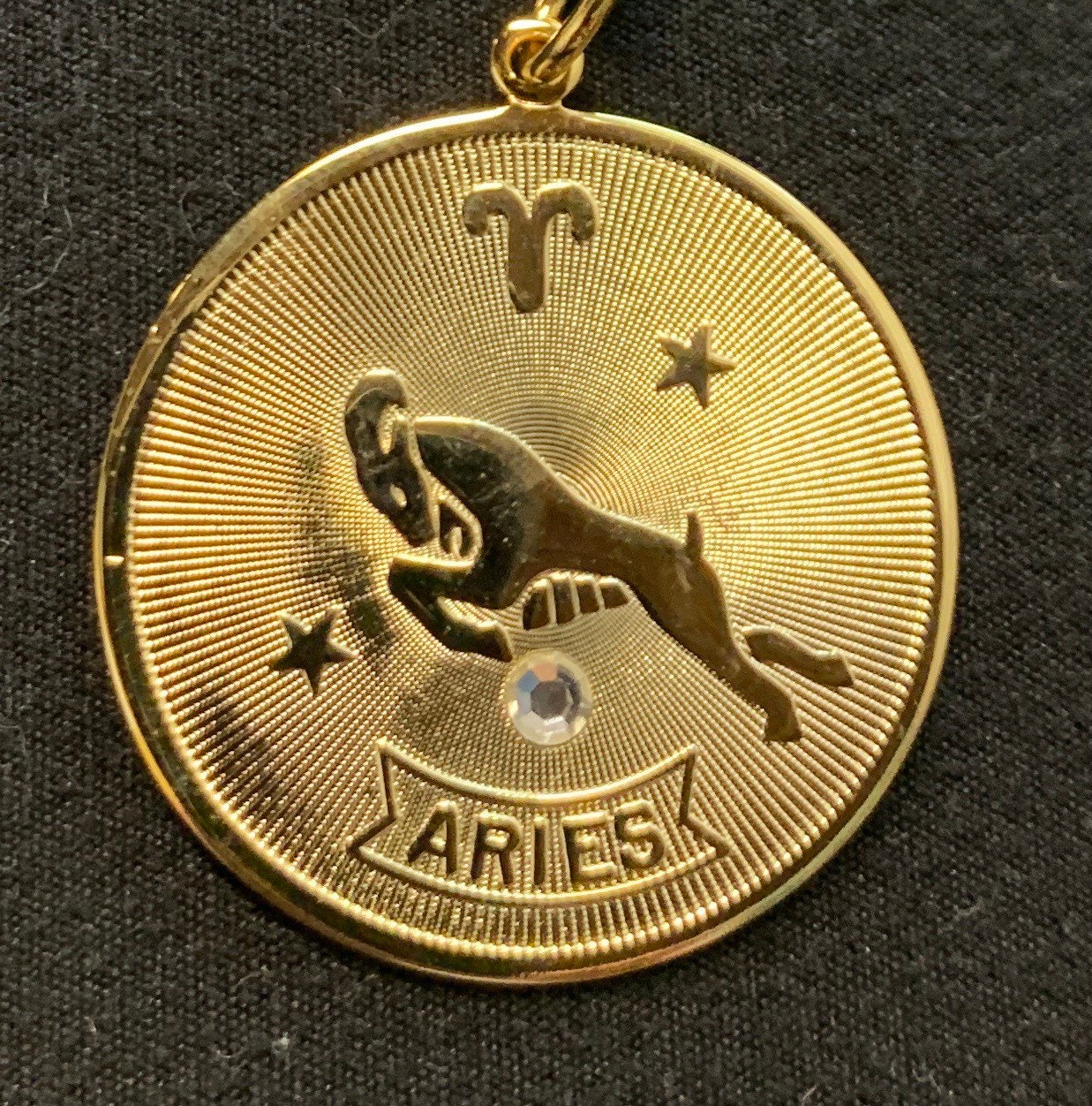 Vintage Zodiac Sign Key Ring Original 1970's Aries Ram Medallion Keychain With Glass Diamond Birthstone March April Birthday New Age Gift