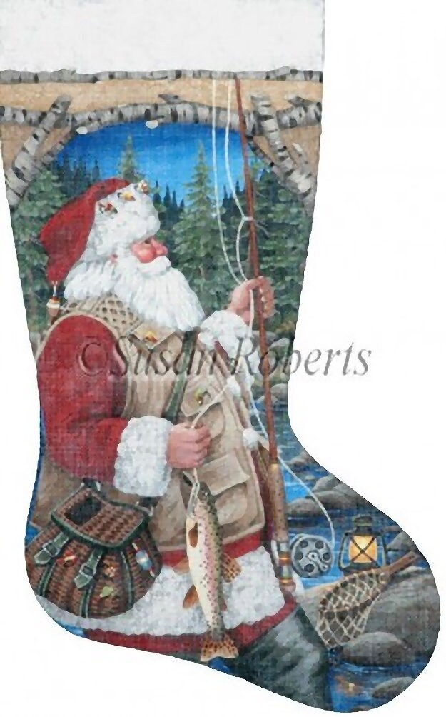 Needlepoint Handpainted Liz Goodrick Dillon Christmas Stocking Santa Fly Fishing -Free Us Shipping