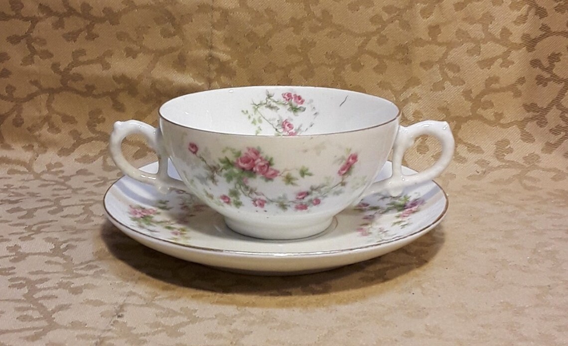 Antique Bouillon Cup & Underplate Victorian Pink Roses Cream Soup Seafood Bisque Porcelain Floral Shabby Cottage Chic