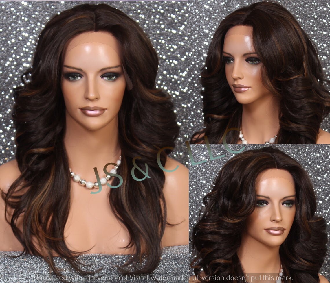 Brown Mix Long Human Hair Blend Lace Front Wig Heat Ok Center Hand Tied Part Feathered Sides Wavy Cancer Alopecia Theater Cosplay