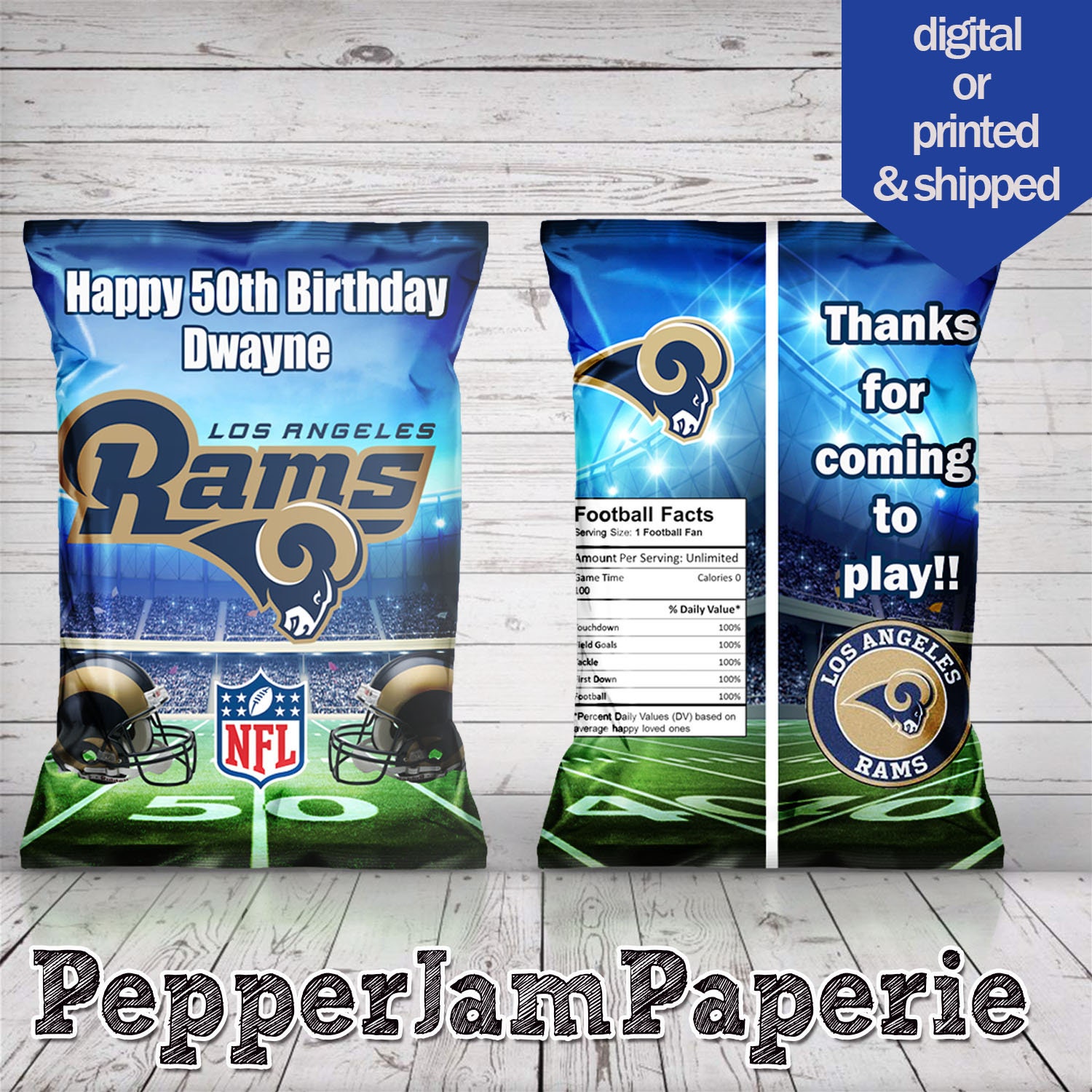 Los Angeles Rams Chip Bags, Football, Party Favors, Custom Bags