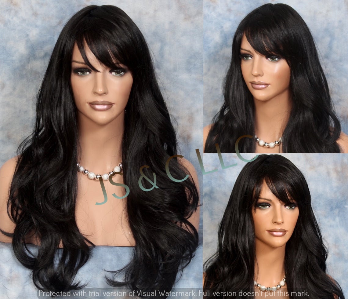 Exotic Black Human Hair Blend Wig Heat Safe Full Bangs Long & Wavy Cancer Alopecia Theather Cosplay
