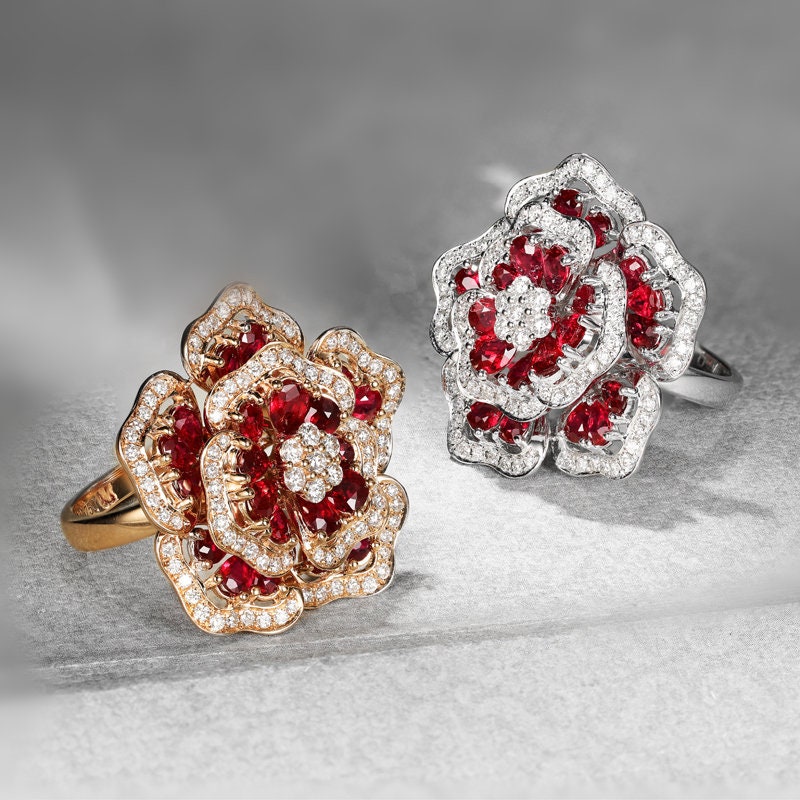3.0Ctw Diamond Ruby Flower Statement Ring in Solid 18K Gold/Gorgeous Cocktail Ring/Custom Jewelry/Gift For Women & Girls
