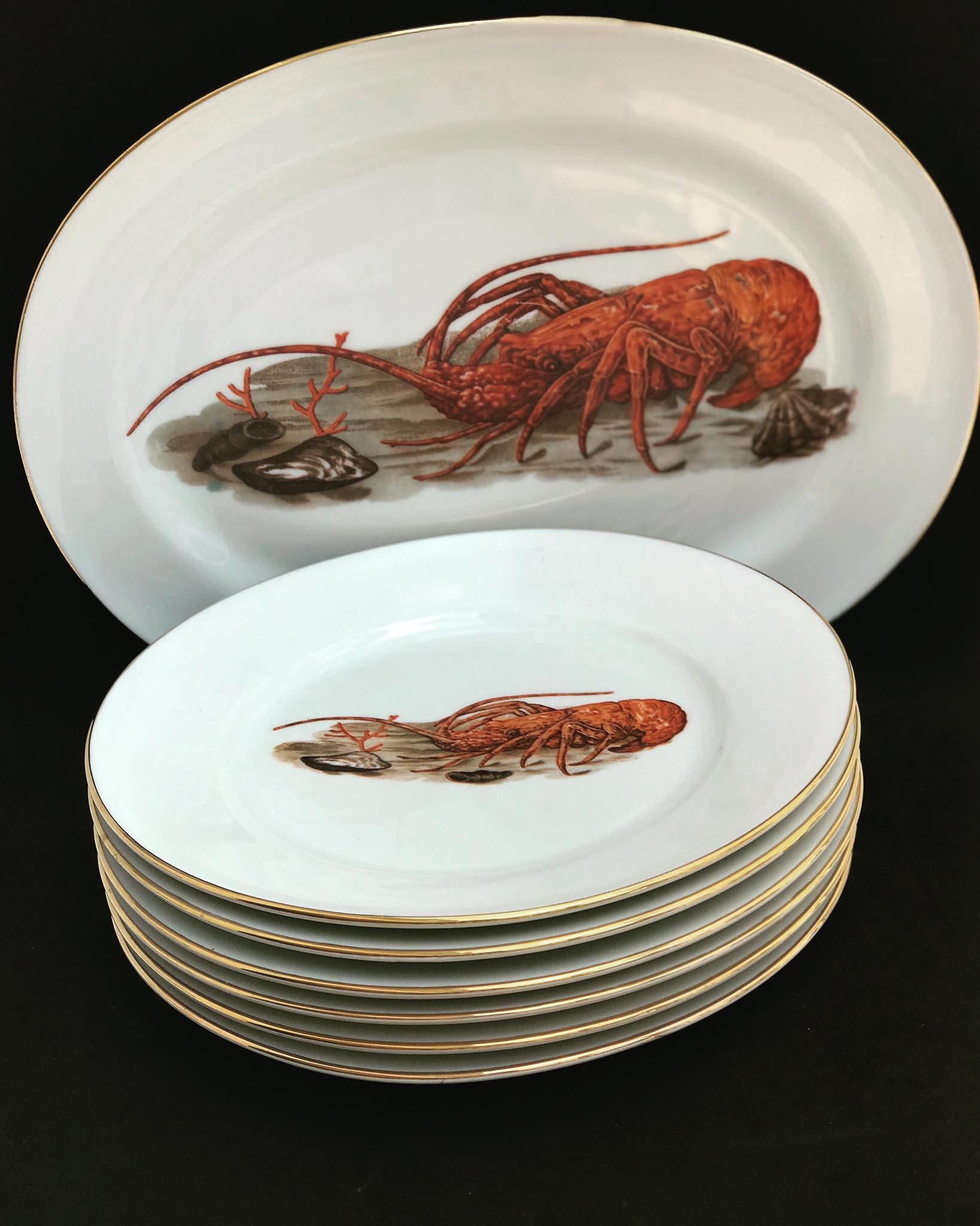 Lobster Plates Dish Set Plates Seafood Serving Plate Vintage Italy Porcelain Orange Decor Wedding Gift Transfert Decoration For Her