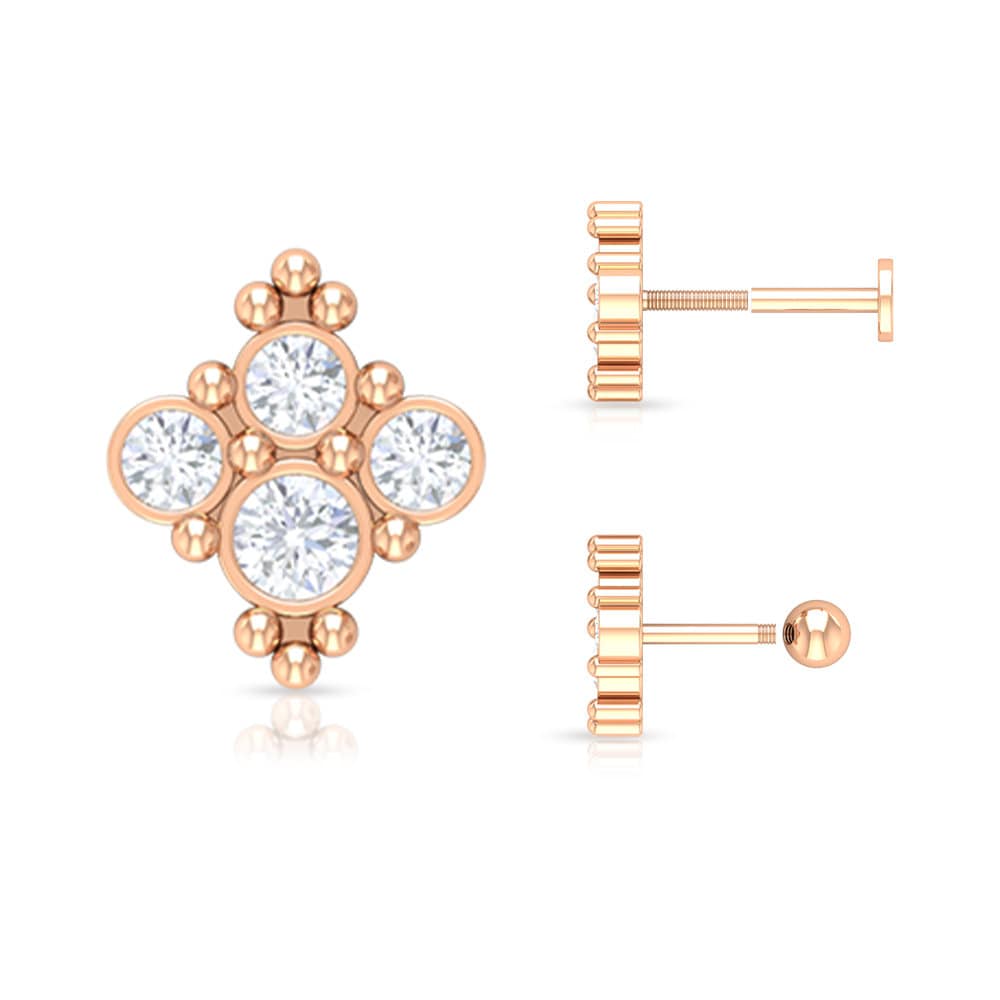 1/4 Ct Bezel Set Diamond Earrings, Gold Beaded Cluster Helix Piercings, Body Jewelry