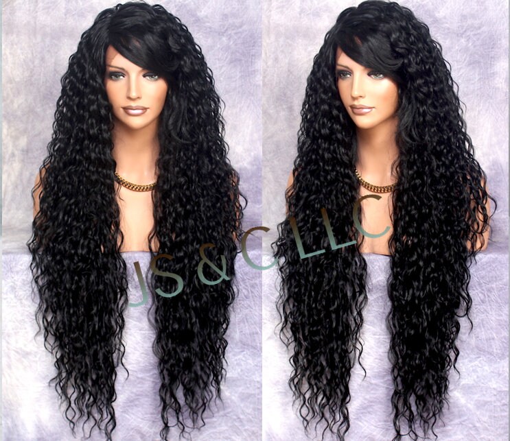 Black 38 Extra Long Human Hair Blend Full Lace Front Wig Beautiful Water Waves N Feathered Bangs Heat Ok Cancer Alopecia Theatrical Anime