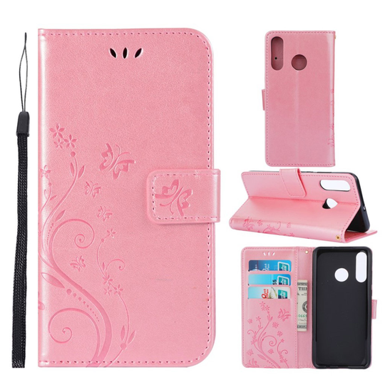Huawei P30 Lite Avtryck fjäril och blomma läderfodral - Rosenguld