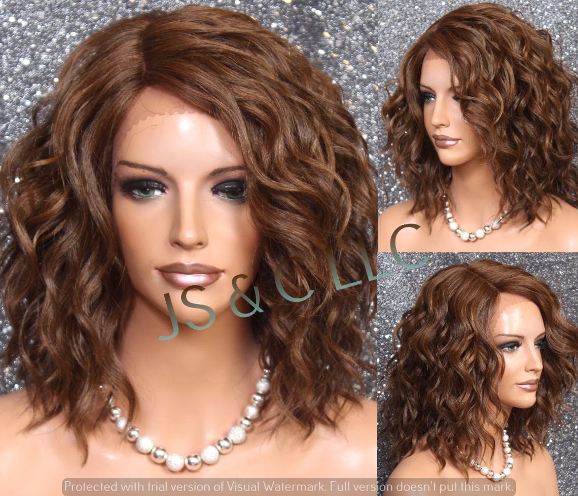 Auburn Brown Mixed Human Hair Blend Wig Perfect Curly Wavy Short Bob Side Parting Lace Front Fun & Easy. Ready To Ship So You Can Wear