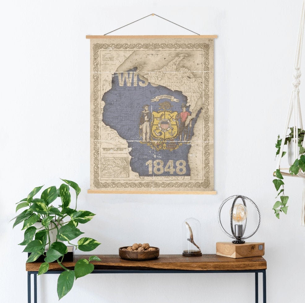 Wisconsin Vintage State Flag Map Print | Hanging Canvas Art Printed Marketplace