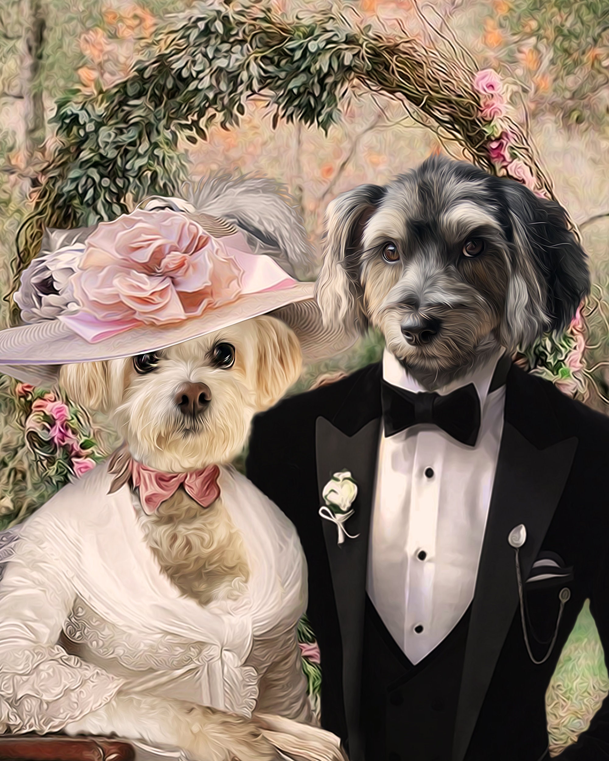 Custom Bride Groom Pet Portrait, Couple Drawing, Multi Personalized Two in A Wedding Dress & Tux