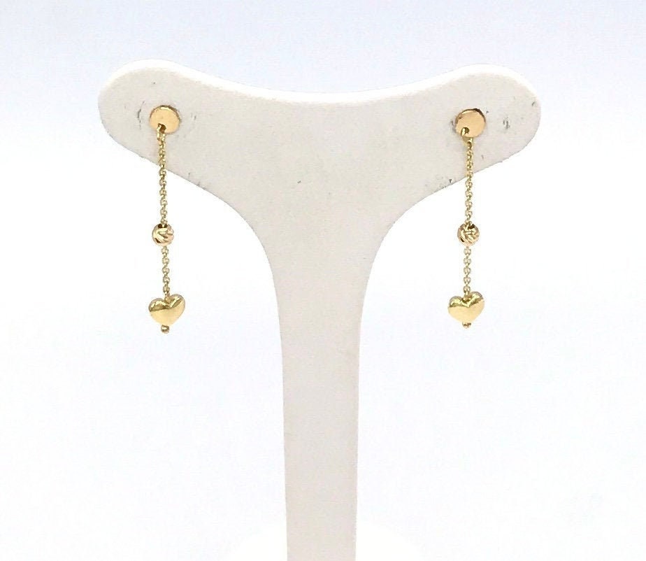 18K Polished Gold Drop Earrings - With Shiny Hearts Sparkling Italian Perfect Gift For Loved One