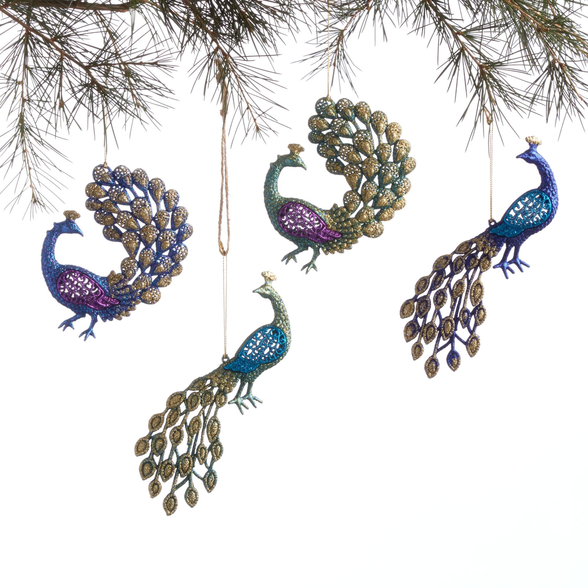 Green and Purple Glitter Peacock Ornaments Set of 4: Multi - Acrylic by World Market