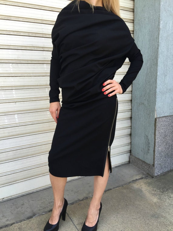 Oversize Asymmetric Dress/Long Sleeves Extravagant Black Kaftan Loose Maxi Express Shipping