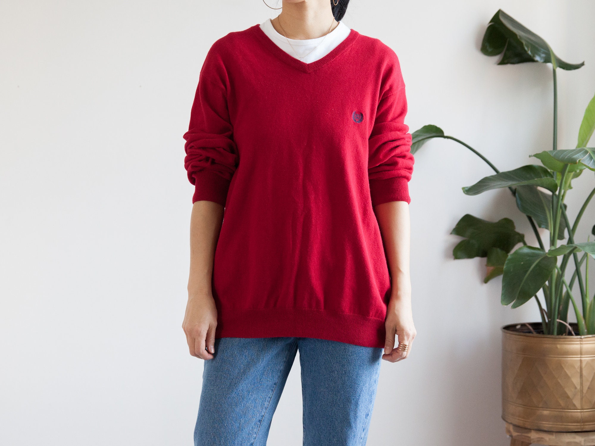 Red V Neck Cashmere Cotton Blend Knit Sweater/Preppy Slouchy Oversized Pullover Men Size L Unisex