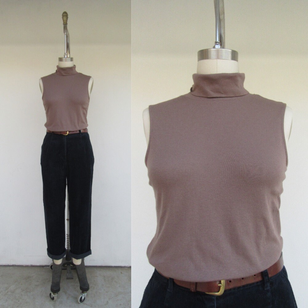 90S Cotton Blend Taupe Brown Sleeveless Mockneck Knit Top | Turtleneck Minimal Neutral Shell Roll Neck L