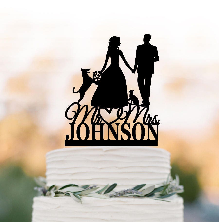 Customized Wedding Cake Topper With Cat, Bride & Groom Silhouette Unique Wedding Cake Dog, Funny Figurine
