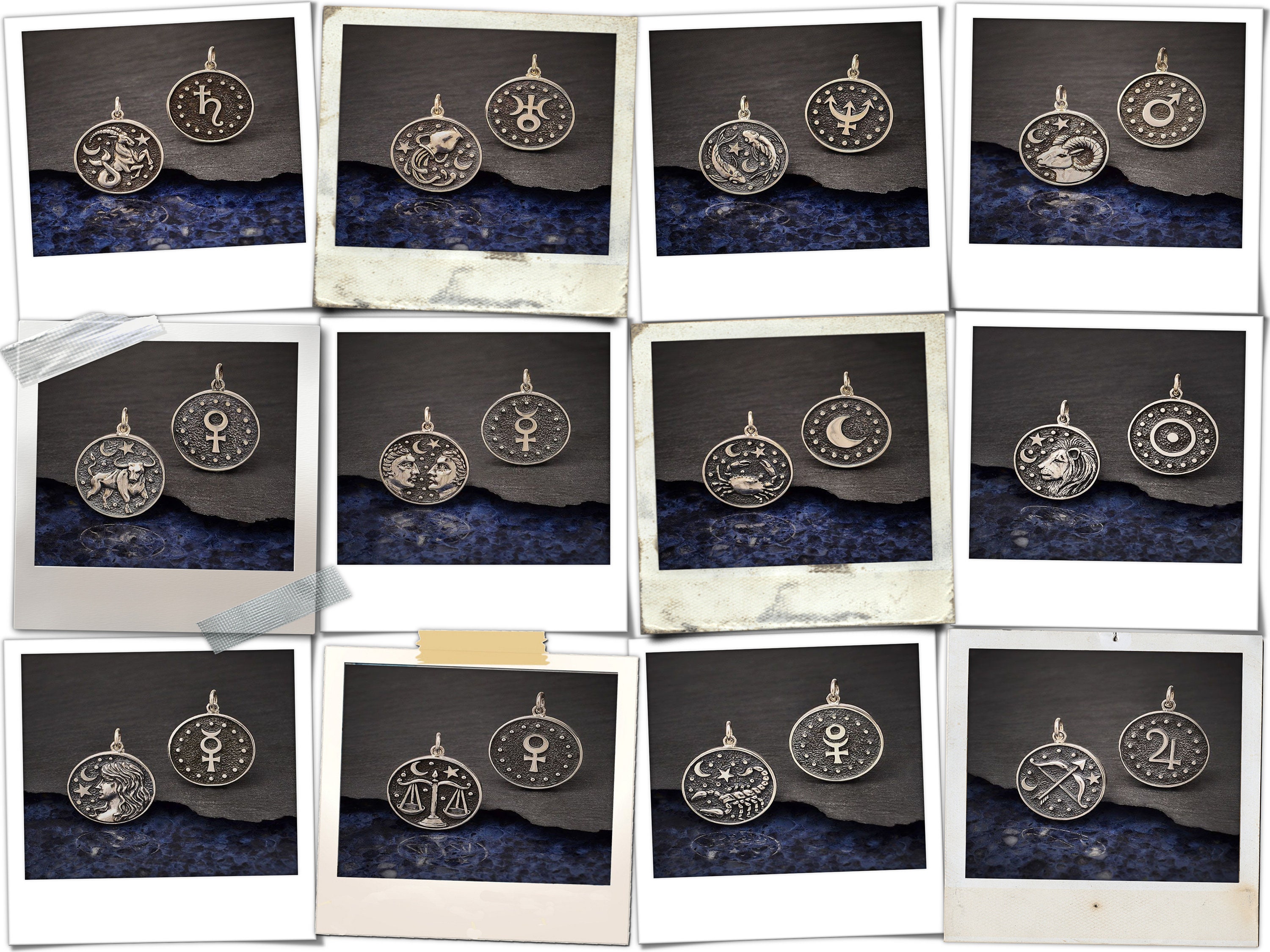 sterling Silver Astrology Pendants, Double Sided Zodiac Sign Charms