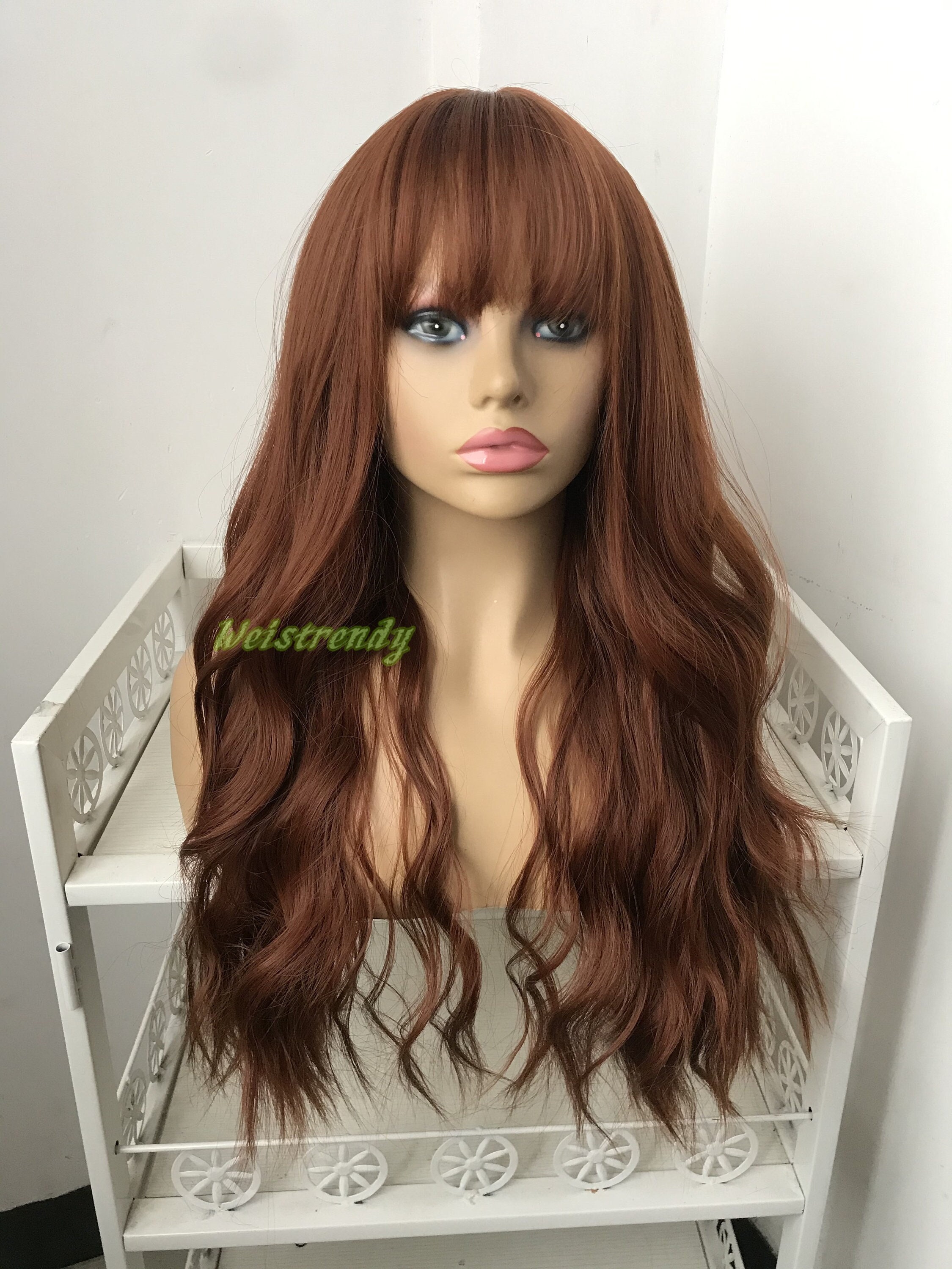 Copper Blend Red Brown Tone Long Wavy Wigs With Fringes/Bangs Synthetic Heat Safe