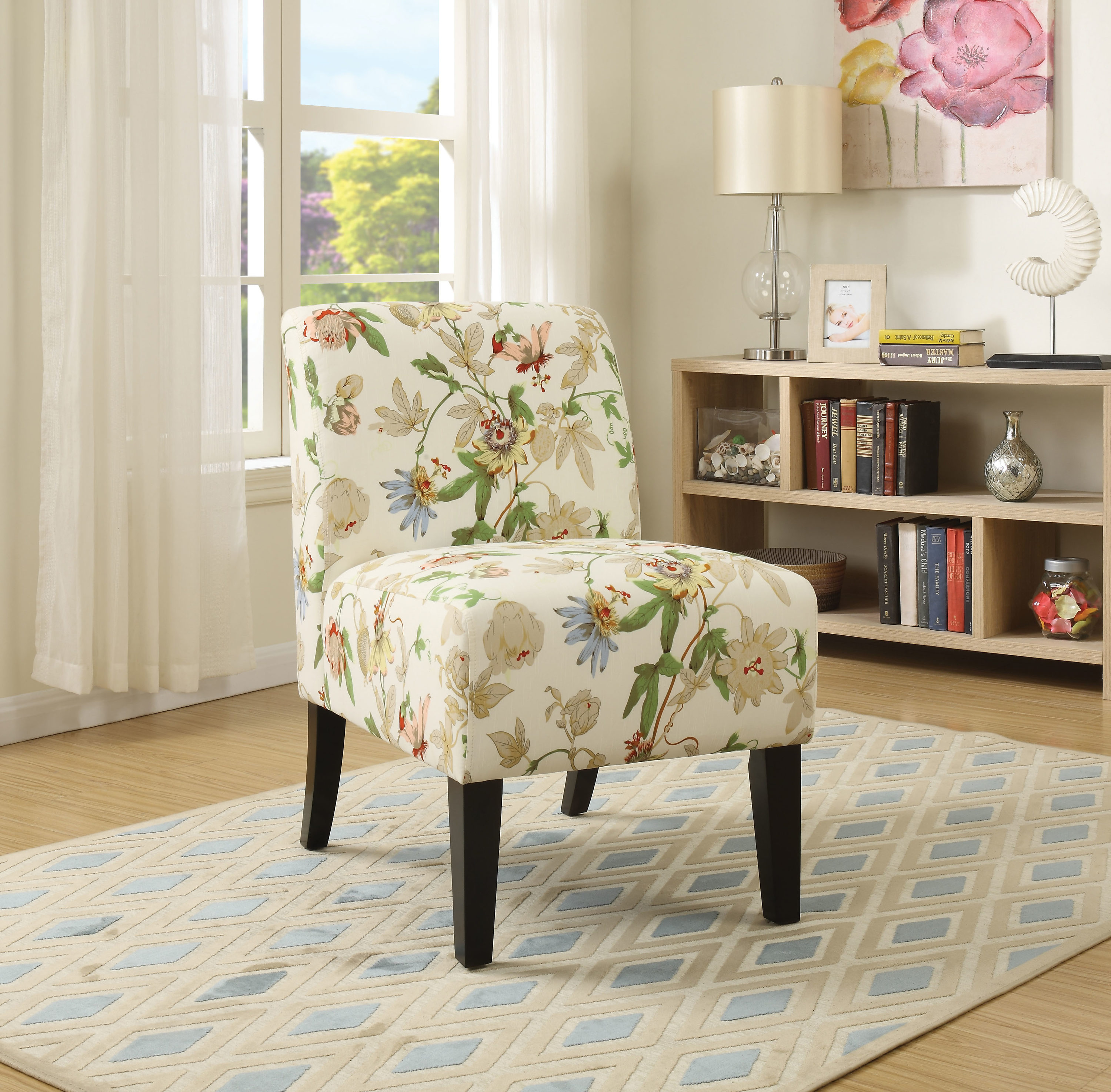 HomeRoots Amelia Modern Floral Pattern Blend Accent Chair in Off-White | 320548