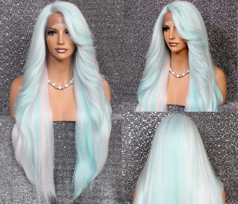 Baby Blue Mix Luscious Human Hair Blend Full Lace Front Wig With Feathered Sides Long Swept Bangs & Natural Side Parting Cancer Alopecia