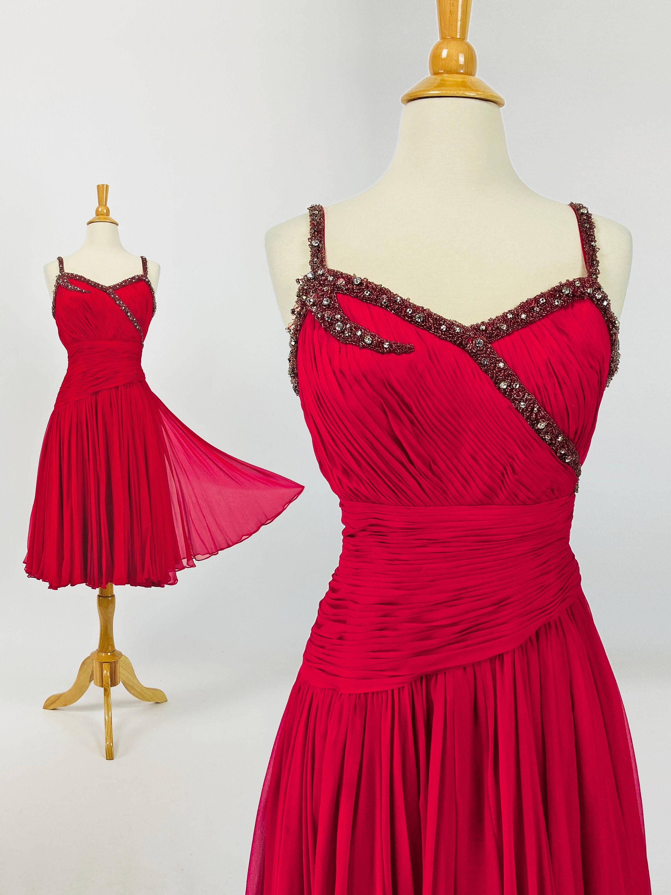 Vintage 50S Pleated Chiffon Cocktail Dress, Pinup 60S Bombshell Prom Ruby Red Xs Size 0 2 Us, 4 6 Uk