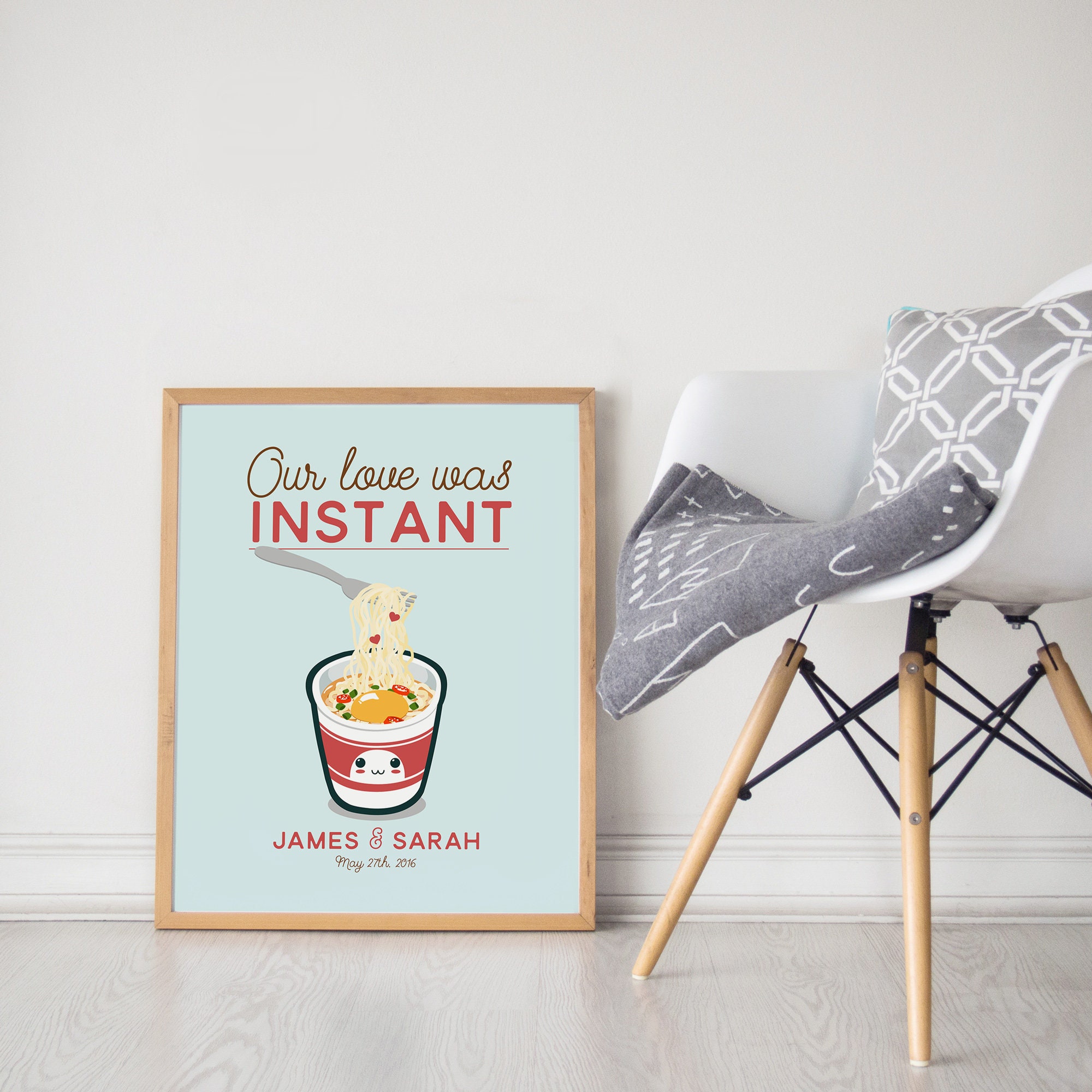 Ramen Noodles Wedding Print - Our Love Was Instant Funny Kawaii Kitchen Wall Decor Art Japanese Food Soup Cup Modern Quote Cute Aqua
