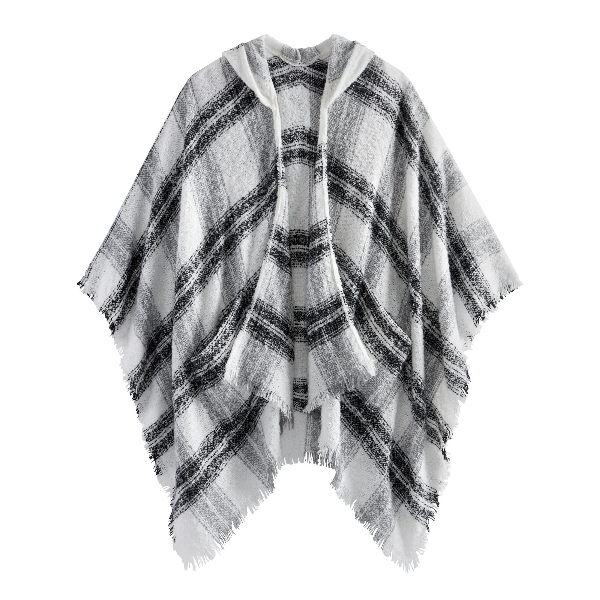 Black, White And Gray Plaid Hooded Wrap With Pockets - Polyester by World Market