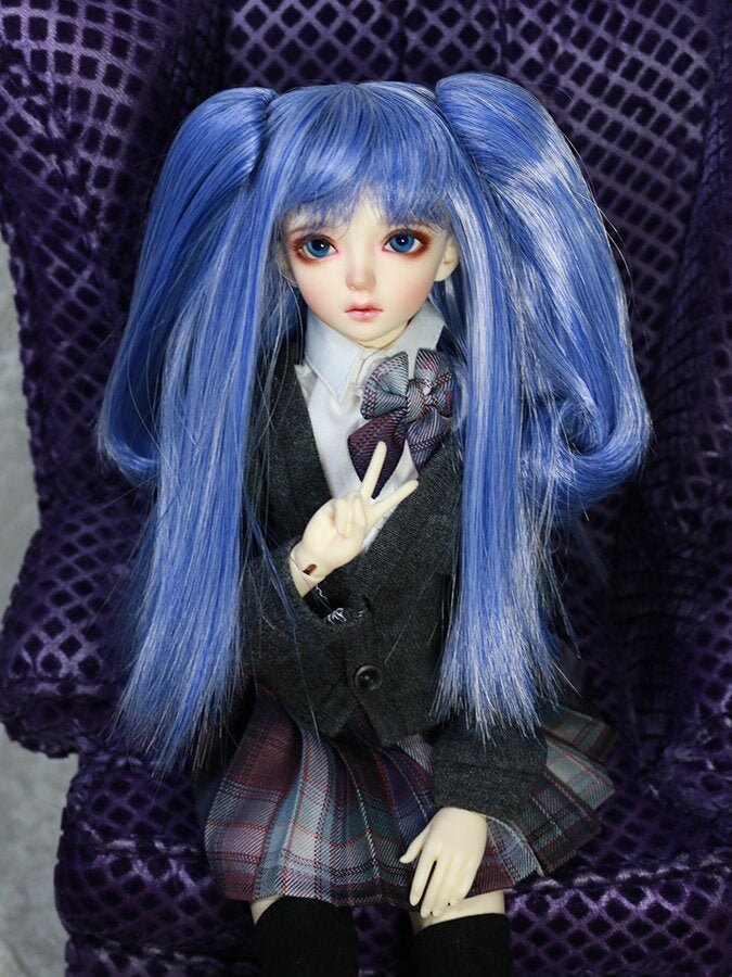1/4 6-7 Bjd Doll Wig Msd Blue Blend Straight Pigtails Hair Fairyland Unoa Slim Mini Jr-174