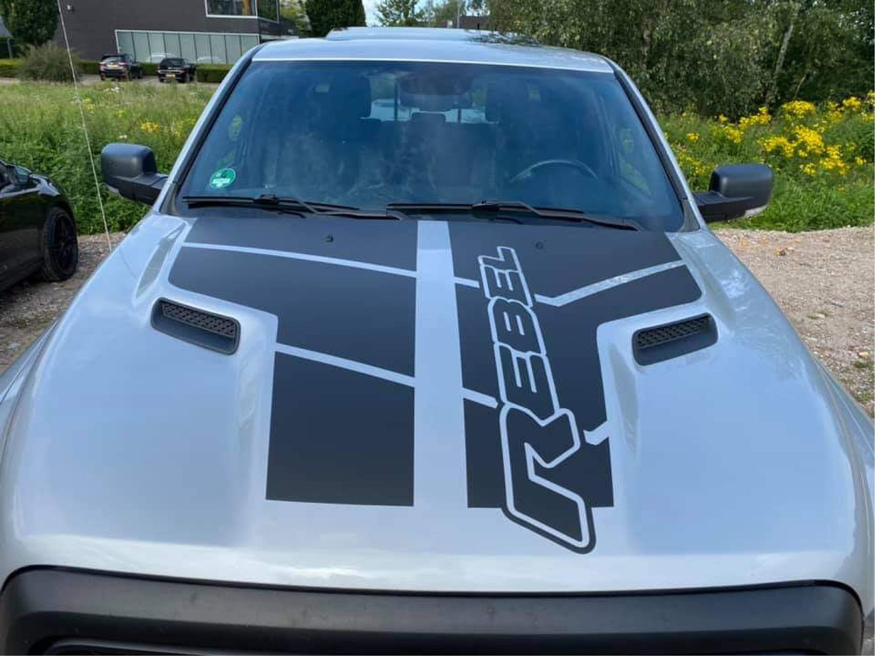 Gloss Black - Custom Rebel Text & Stripes 2009-2018 Dodge Ram Srt 1500 Performance Full Sport Hood Decal