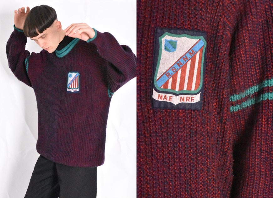 Vintage 80S Burgundy Knit Wool Blend Grunge Patch Jumper Mens Sweater Size Xl