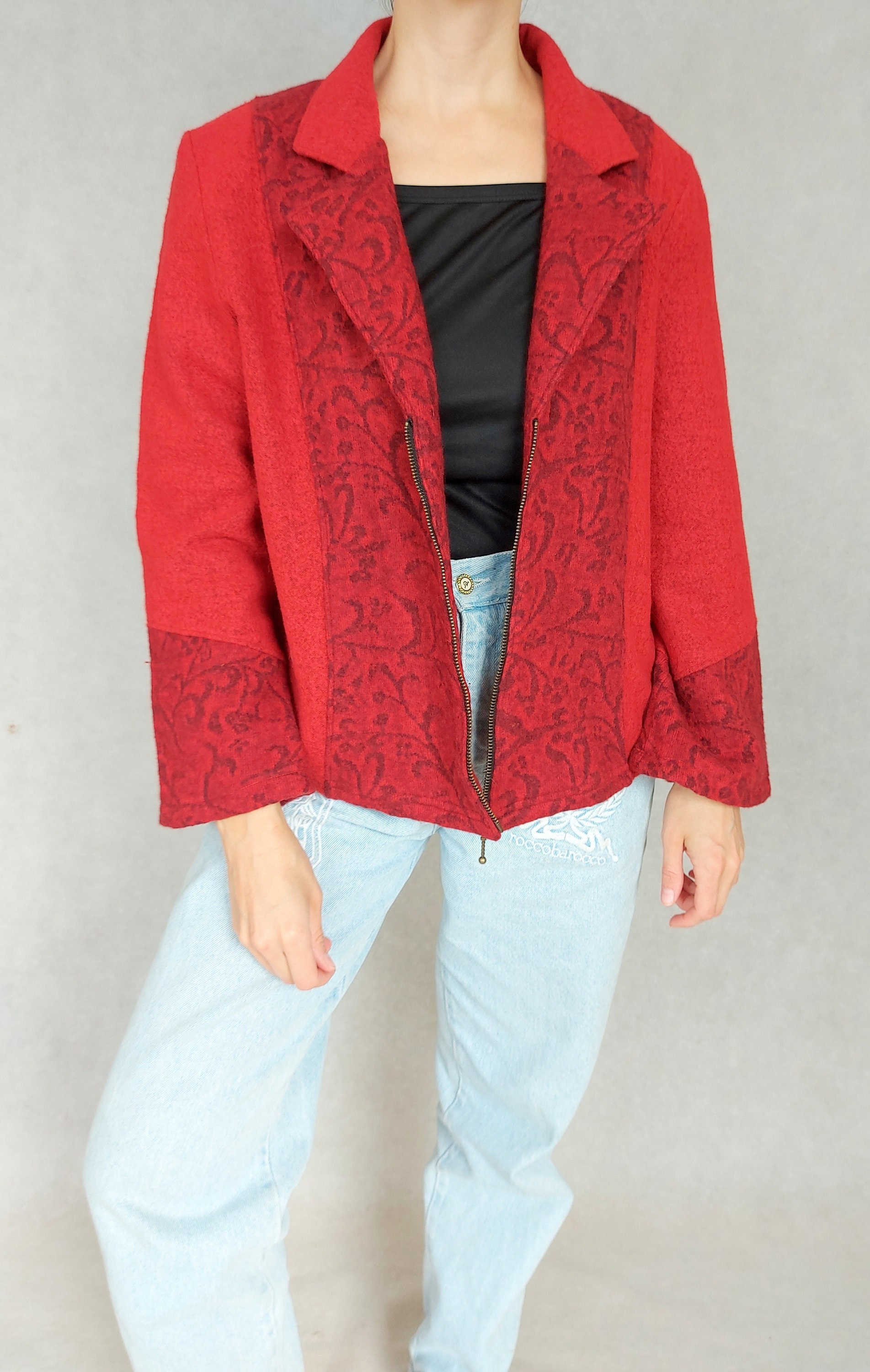 Vintage Red Wool Blend Biker Jacket, Medium Size Moto Blazer, Warm Short Coat, Motorcycle Jacket