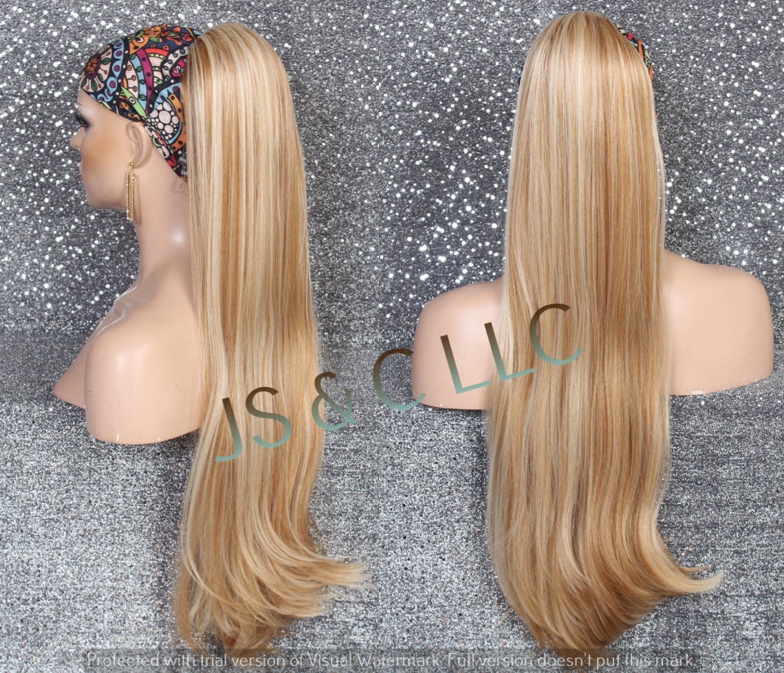 Blonde Mix Human Hair Blend Ponytail Piece Drawstring Extra Long Wavy Simply Put It On & Go Can Be Wrapped Around As A Bun
